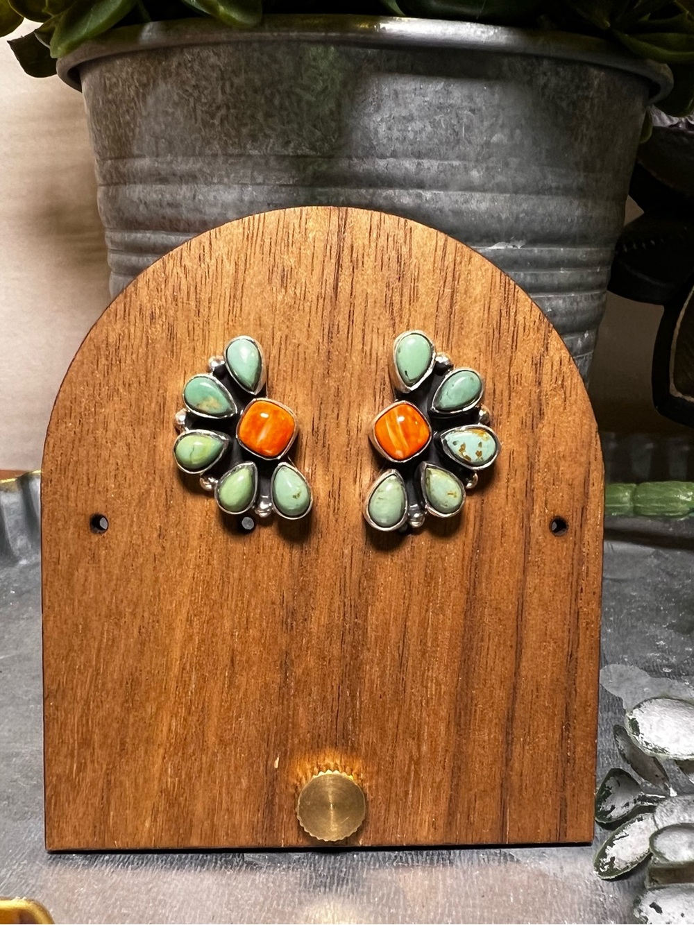 Kingman Turquoise & Spiny Oyster Half Cluster Earrings - Picture 4 of 8